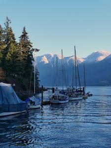 Preview wallpaper river, boats, shore, mountains