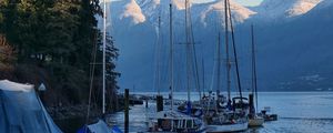 Preview wallpaper river, boats, shore, mountains