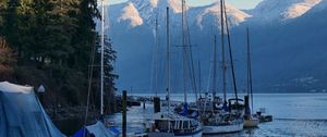 Preview wallpaper river, boats, shore, mountains