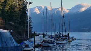 Preview wallpaper river, boats, shore, mountains