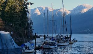 Preview wallpaper river, boats, shore, mountains