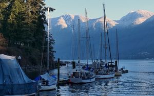 Preview wallpaper river, boats, shore, mountains