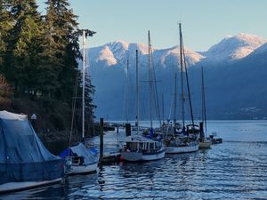 Preview wallpaper river, boats, shore, mountains