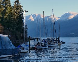 Preview wallpaper river, boats, shore, mountains