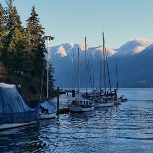 Preview wallpaper river, boats, shore, mountains