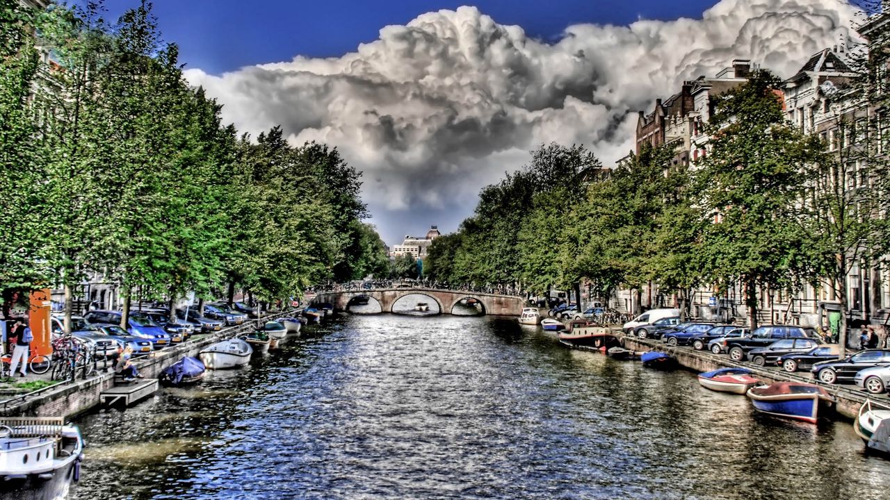 Wallpaper river, boats, sky, clouds, hdr