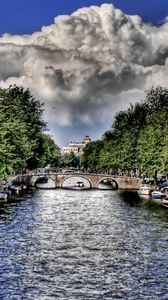 Preview wallpaper river, boats, sky, clouds, hdr