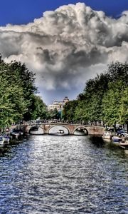 Preview wallpaper river, boats, sky, clouds, hdr