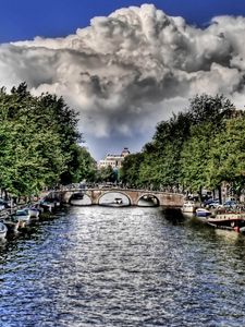 Preview wallpaper river, boats, sky, clouds, hdr