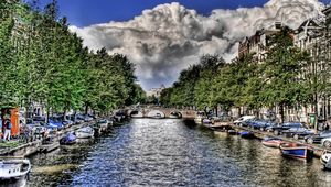 Preview wallpaper river, boats, sky, clouds, hdr