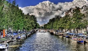 Preview wallpaper river, boats, sky, clouds, hdr