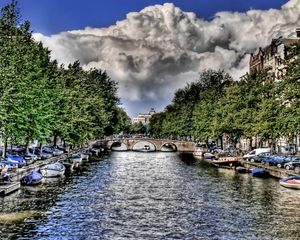 Preview wallpaper river, boats, sky, clouds, hdr