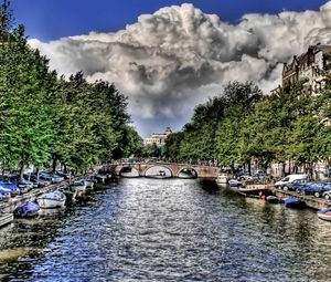 Preview wallpaper river, boats, sky, clouds, hdr