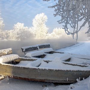 Preview wallpaper river, boats, winter, landscape