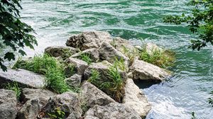 Preview wallpaper river, branches, stones, grass, waves