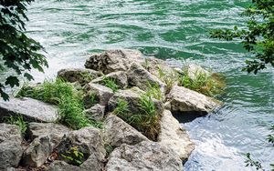 Preview wallpaper river, branches, stones, grass, waves