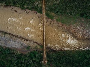 Preview wallpaper river, bridge, aerial view, height, overview