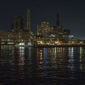 Preview wallpaper river, bridge, boats, buildings, lights, night