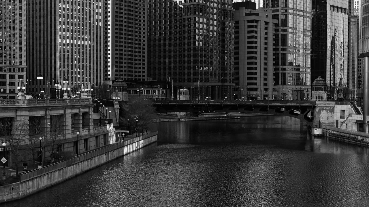 Wallpaper river, bridge, buildings, city, black and white