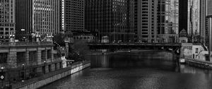 Preview wallpaper river, bridge, buildings, city, black and white