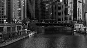 Preview wallpaper river, bridge, buildings, city, black and white