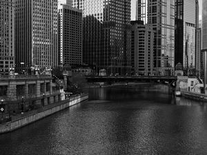 Preview wallpaper river, bridge, buildings, city, black and white