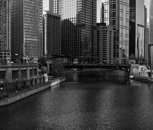 Preview wallpaper river, bridge, buildings, city, black and white