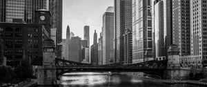 Preview wallpaper river, bridge, buildings, skyscrapers, black and white, chicago, usa