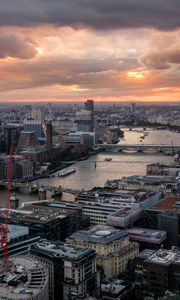 Preview wallpaper river, bridge, buildings, city, sunrise