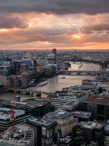 Preview wallpaper river, bridge, buildings, city, sunrise