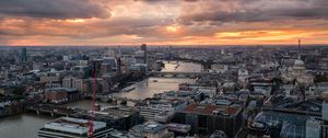 Preview wallpaper river, bridge, buildings, city, sunrise