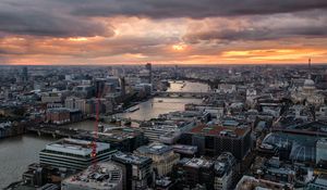 Preview wallpaper river, bridge, buildings, city, sunrise