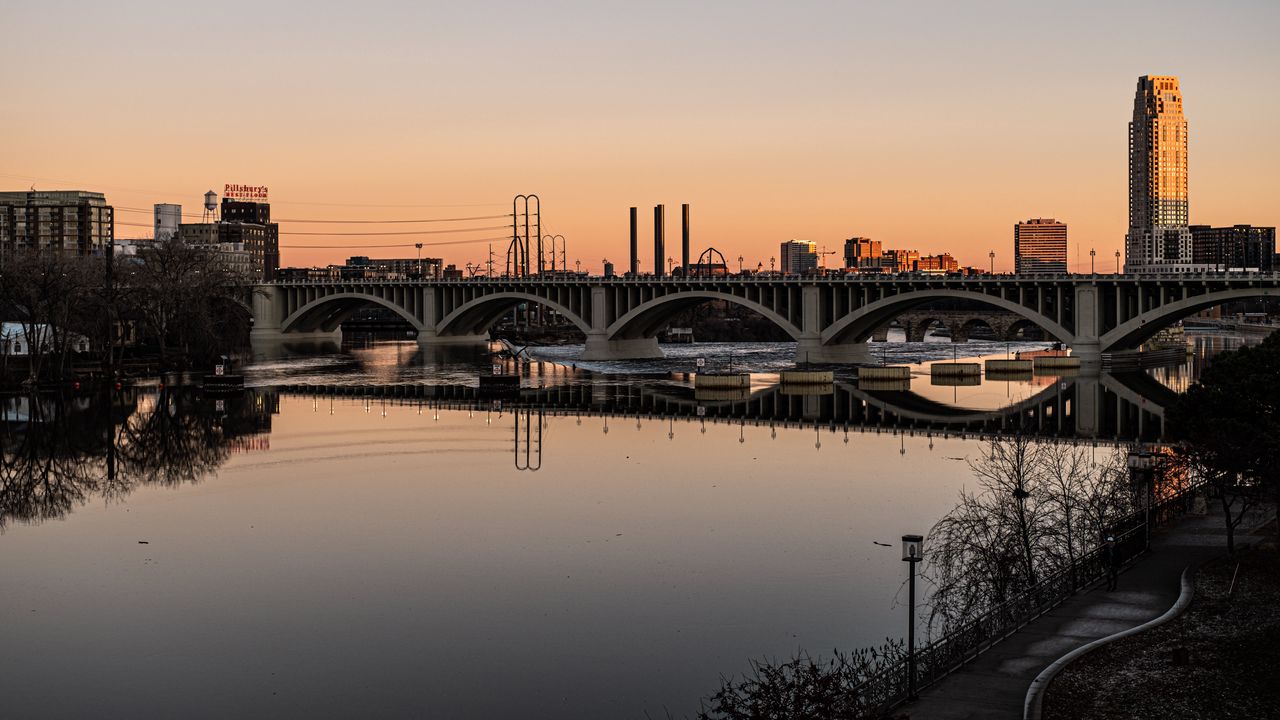 Wallpaper river, bridge, city, dusk, reflection