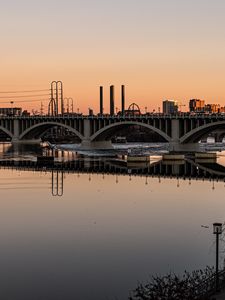 Preview wallpaper river, bridge, city, dusk, reflection