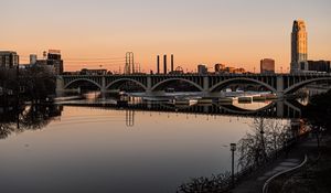 Preview wallpaper river, bridge, city, dusk, reflection