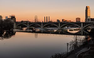 Preview wallpaper river, bridge, city, dusk, reflection