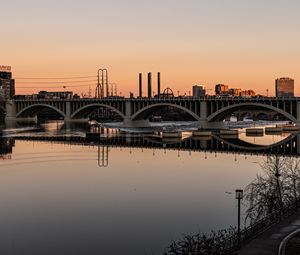 Preview wallpaper river, bridge, city, dusk, reflection