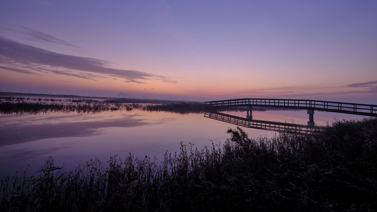 Wallpaper river, bridge, dusk, water, nature, evening