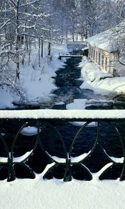 Preview wallpaper river, bridge, handrail, winter, patterns