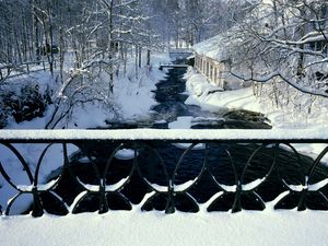 Preview wallpaper river, bridge, handrail, winter, patterns