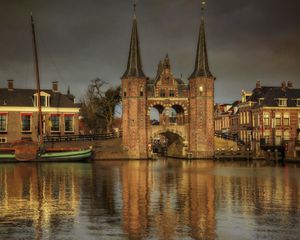 Preview wallpaper river, bridge, houses, watches, boat