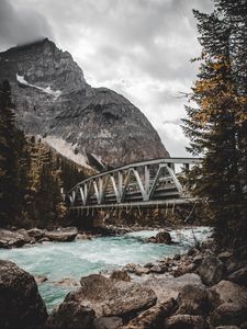 Preview wallpaper river, bridge, mountain, trees, stones