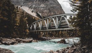 Preview wallpaper river, bridge, mountain, trees, stones