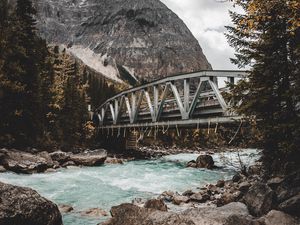 Preview wallpaper river, bridge, mountain, trees, stones