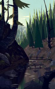 Preview wallpaper river, bridge, slope, trees, art