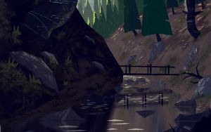Preview wallpaper river, bridge, slope, trees, art
