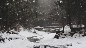 Preview wallpaper river, bridge, snow, trees, winter