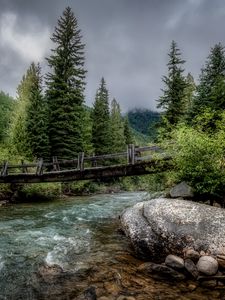 Preview wallpaper river, bridge, stones, trees, nature