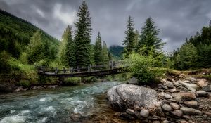 Preview wallpaper river, bridge, stones, trees, nature