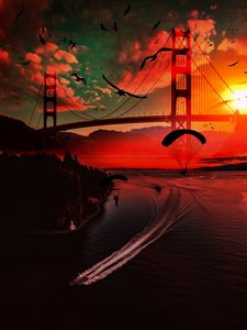 Preview wallpaper river, bridge, sunset, parachutists, birds, boats